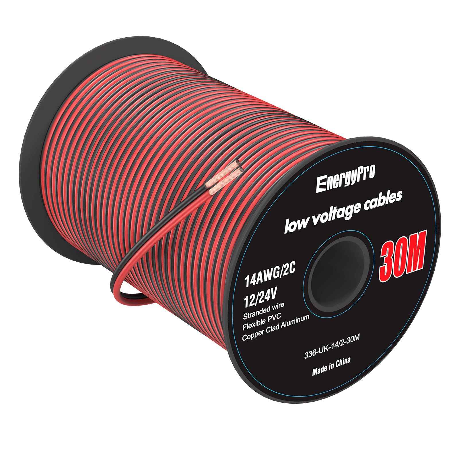 EnergyPro 14AWG 2mm² Electrical Wire 30m (15 Red + 15 Black) - 12V/24V DC Hookup Cable, CCA Stranded Low Voltage Wire for LED Strip, Automotive, Boat, Solar Panel