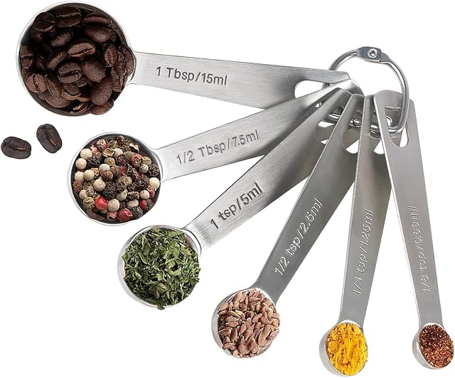 18/8 Stainless Steel Measuring Spoons Set of 6 Piece - 1/8 TSP, 1/4 TSP, 1/2 TSP, 1 TSP, 1/2 tbsp & 1 tbsp, Metal Measuring Spoons Tablespoon and Teaspoon for Measuring Liquid and Dry Ingredients