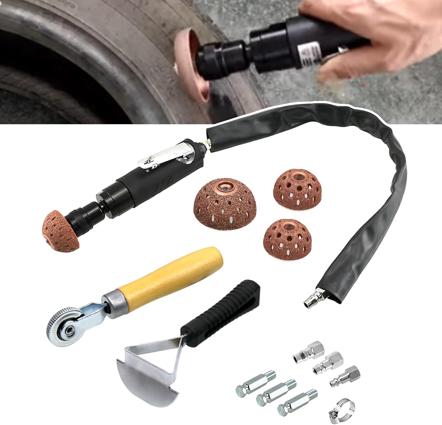 RYANSTAR RACING Tire Repair Set Includes 2500rpm Low Speed Air Tire Buffer Tire Patch Roller Tire Inner Liner Scrapper 4PCS Tungsten Steel Buffing Wheel 42mm 55mm Upgraded Air Pipe with 3 Connector