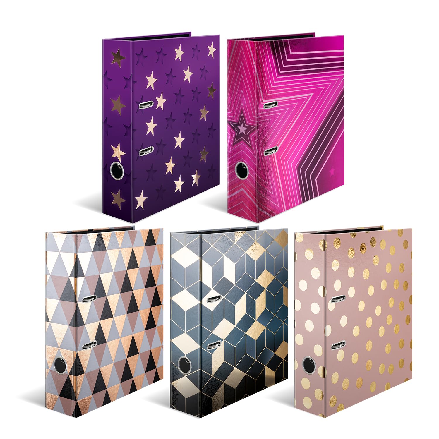 HERMA Raccoglitore formato A4, formato A4, 5 pezzi, larghezza 7 cm, raccoglitore ad anelli per bambini con motivo a stella, colorato con finitura lucida per ragazzi e ragazze