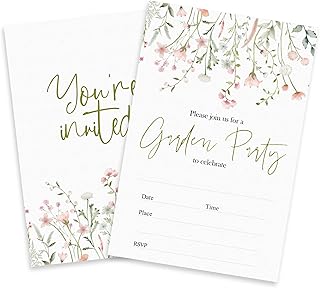 Garden Party Invitations For Birthday, 20 Double Sided Fill In Watercolor Floral Birthday Invites With Envelopes For Boys Girls Teens Adults, Birthday Party Decorations & Supplies - 004