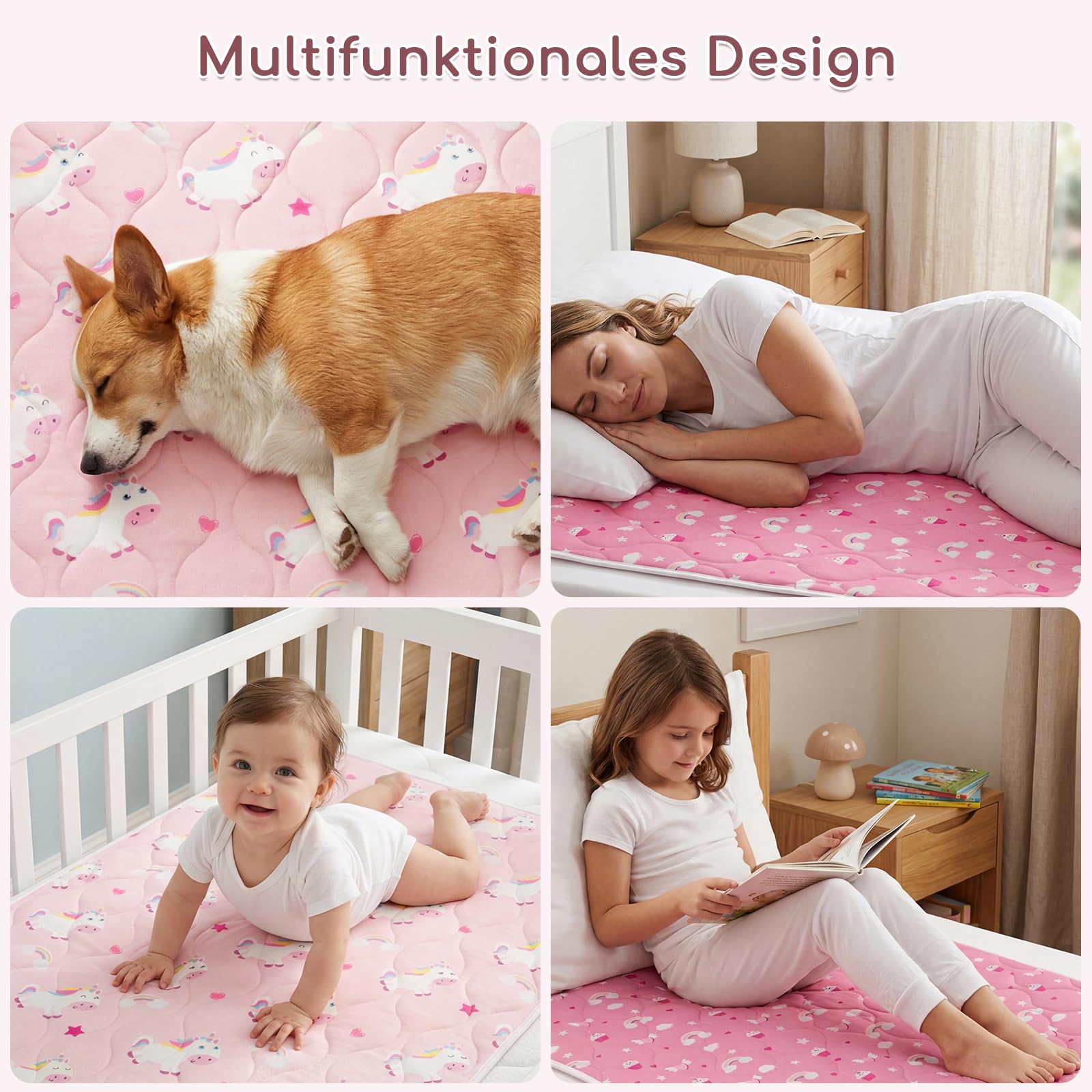 2er-Pack Bettunterlage Wasserdicht Kinder, Waschbar PIPI Unterlage Bett Kinder, Betteinlage Inkontinenz Bettunterlage 75x90 cm (Rosa Einhorn)