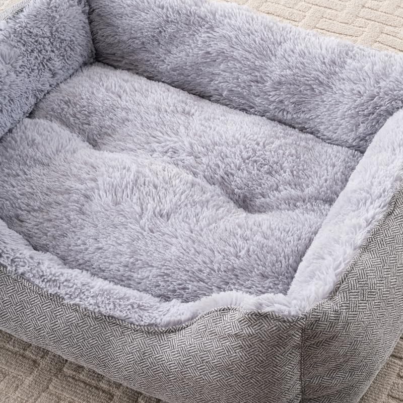 Happy Pets Luxury Orthopedic Pet Bed, F-Corduroy Foam, Brown or Light Gray Square Nest Bolster Design, Machine Washable Cover, for All Breeds (35" x 25" x 9", Light Gray Twill Square Nest)