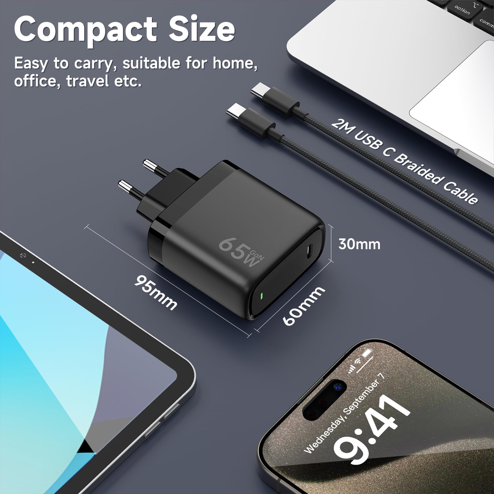 Caricatore USB C 65W con Tecnologia PD3.0 e GaN II Caricatore Rapido USB C PPS con Cavo Tipo C 2m per iPhone 16/15, per Pad Pro/Air, per Galaxy S25/S24/23/S22, per MacBook Pro/Air.ecc