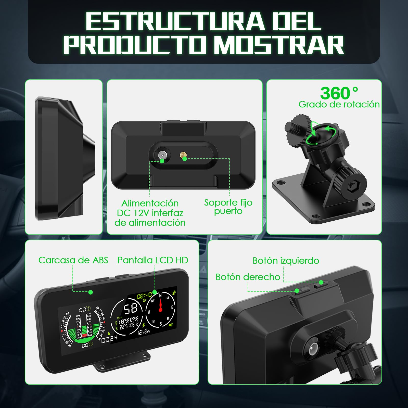 KAISAL Inclinómetro Digital Inteligente para Coche,Brújula GPS Velocímetro con Aviso de Velocidad,Inclinómetro Multifunción con Pantalla HD,Inclinómetro para Vehículos Todoterreno