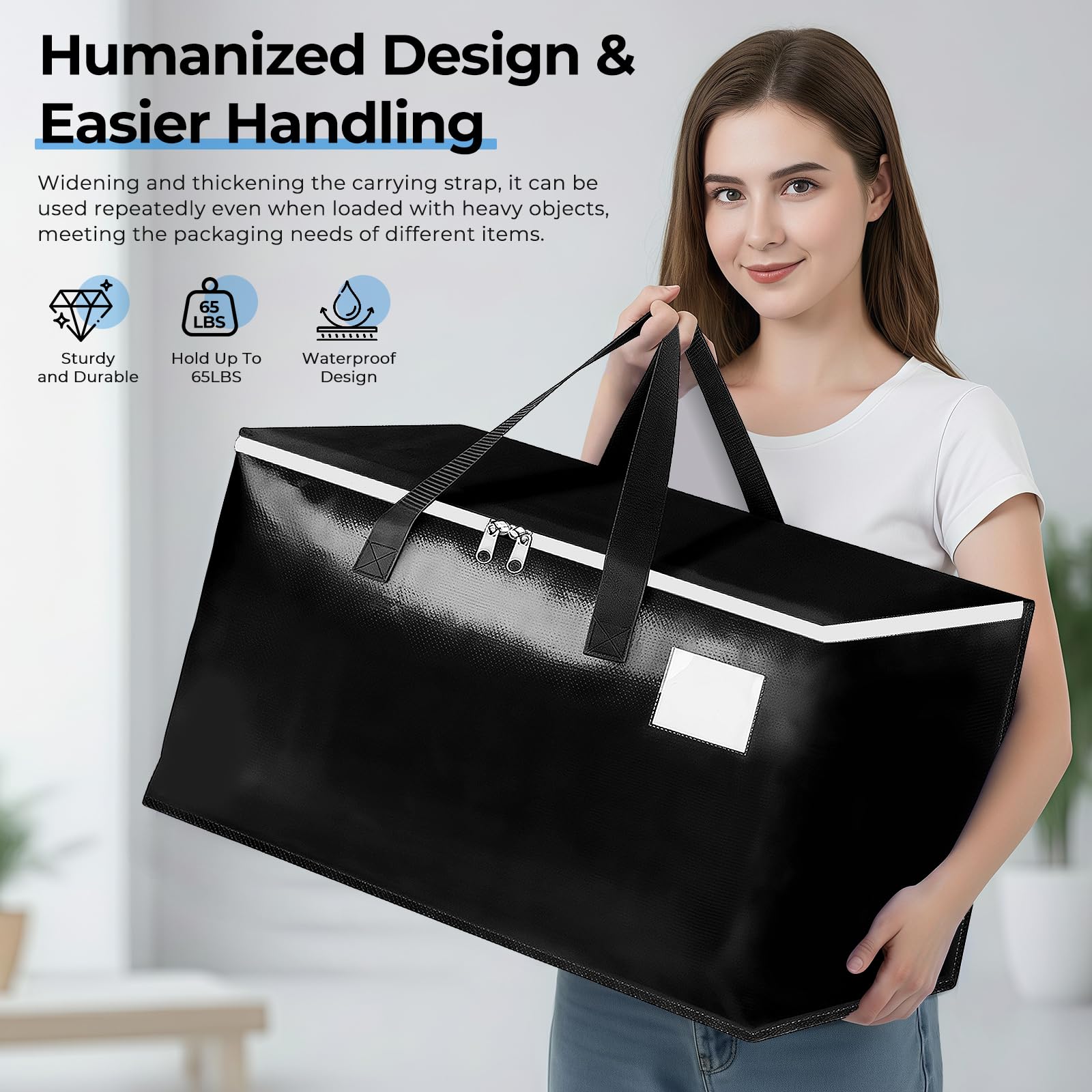 93L Bolsas Mudanza, 6 Piezas Bolsas de Mudanza con Cremallera y Asa, Impermeable Grande Bolsa de Almacenamiento, Organizador de Ropa, Bolsa Extra Grande para Mudanza y Viaje (Negro)