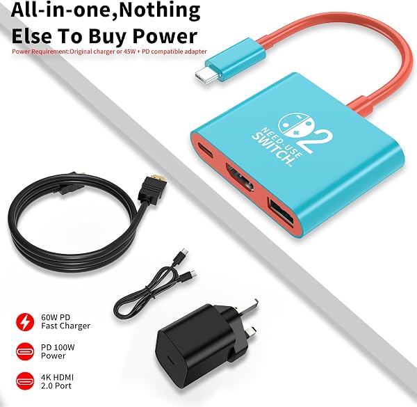 Switch 2 Dock with 60W Charger and HDMI Cable, Official replacement for the NS2 Dock with 4K/60Hz HDMI 2.0, PD 100W & USB 3.0, Portable Docking Station for Nintendo Switch 2 (2025), Switch 1 and OLED - 2