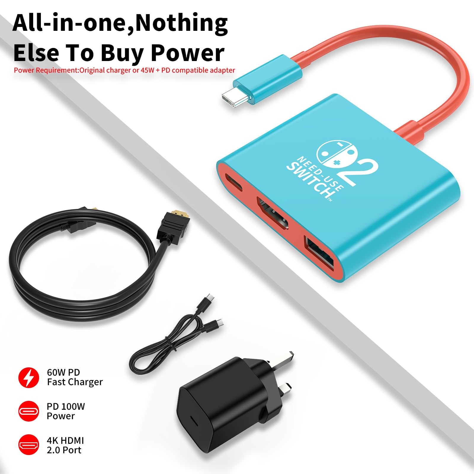 Switch 2 Dock with 60W Charger and HDMI Cable, Official replacement for the NS2 Dock with 4K/60Hz HDMI 2.0, PD 100W & USB 3.0, Portable Docking Station for Nintendo Switch 2 (2025), Switch 1 and OLED — view 2