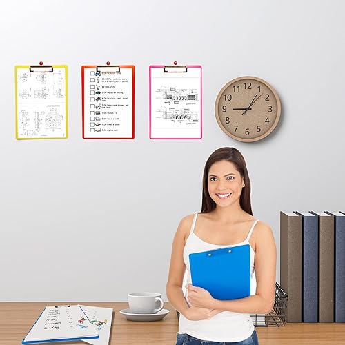 Miniatura 7 de Paquete de 6 portapapeles de plástico, portapapeles de oficina, tamaño estándar A4, coloridos tableros transparentes con clip de perfil bajo