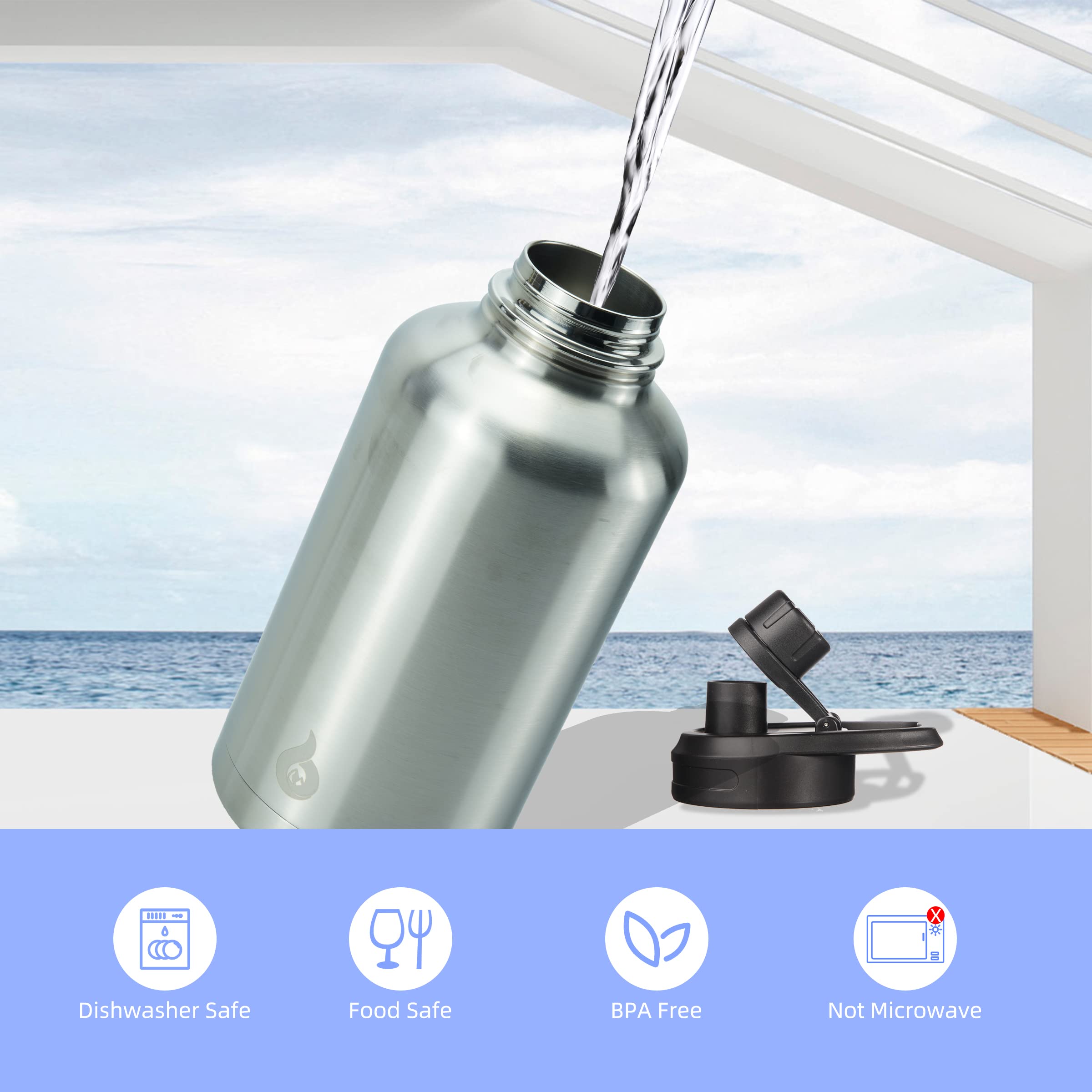 BJPKPK Half Gallon Insulated Water Bottles with Straw Lid,64oz Large Water Bottle,Stainless Steel Water Bottles with 3 Lids and Paracord Handle, Water Bottle for Hot & Cold Liquid, Stainless Steel