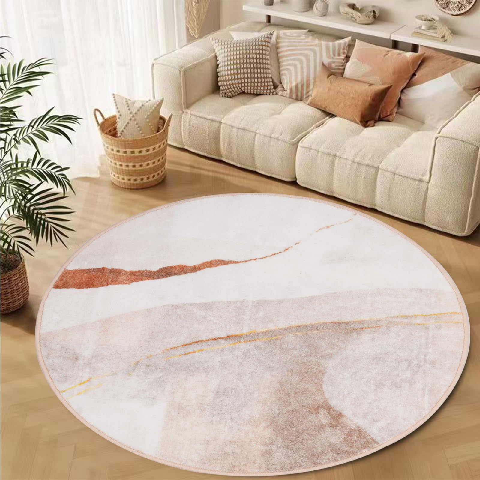 TYJDTYR Round Rugs for Living Room 200cm, Large Rug, Low Pile Abstract Rug, off White, Light Brown, Dark Brown, Cosy, Soft and Easy to Clean, Rugs for Bedroom.