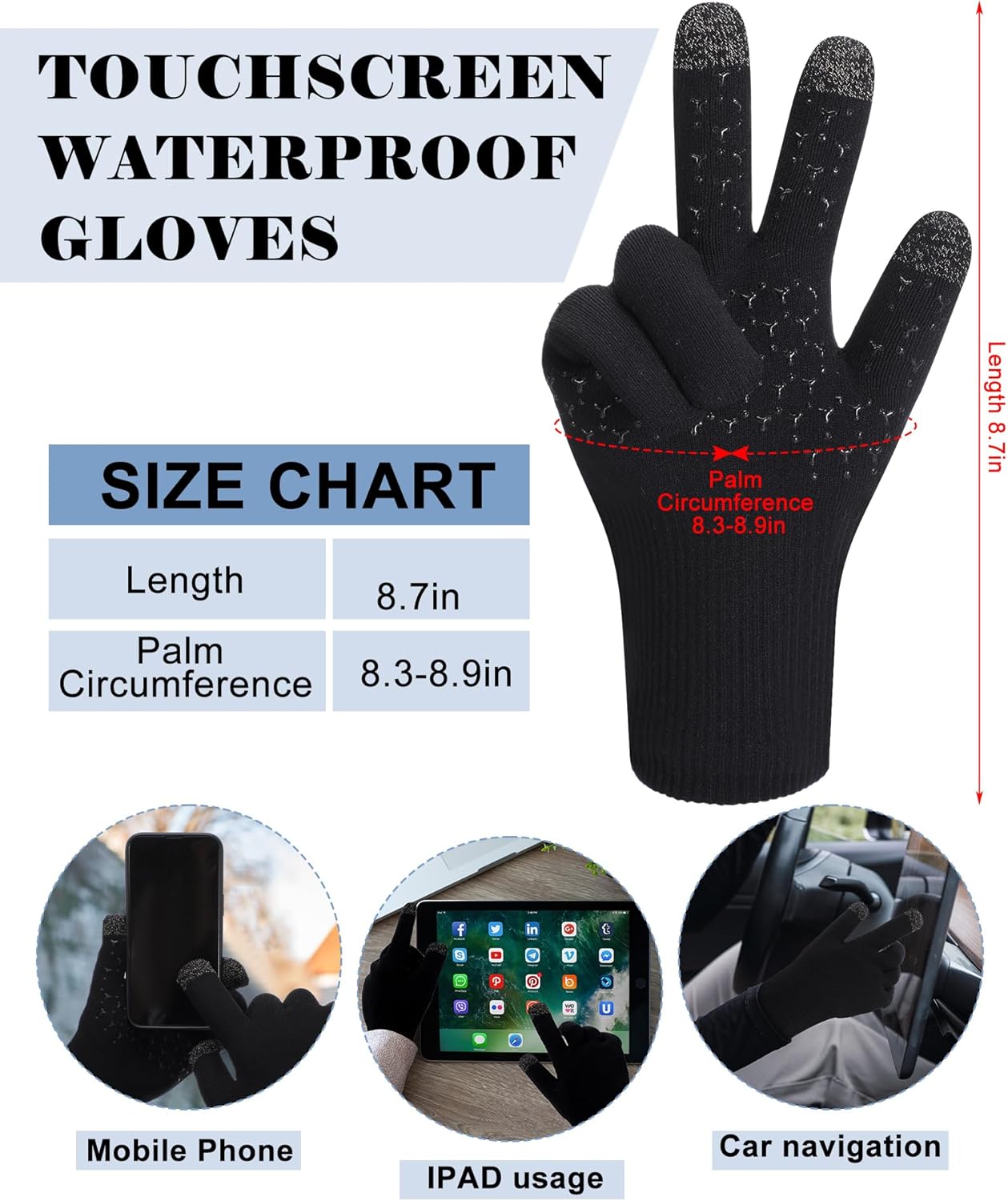 Eurzom Winter Thermal Waterproof Gloves for Adult Knit Windproof Touchscreen Non Slip 3-layer Warm Gloves for Hiking Skating - Image 2