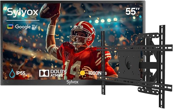 SYLVOX 55" Outdoor TV + Wall Mount Bundle, 4K HDR Waterproof Smart TV Deck Pro 3.0 with Weatherproof Full-Motion Wall Mount, 1000 Nits, Voice Remote, for Partial Sun Patio