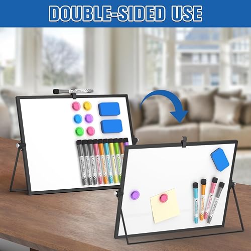 Vista 15 de Grtard Pizarra blanca magnética de borrado en seco, pizarra blanca de escritorio de doble cara de 16 x 12 pulgadas con soporte, juego de pizarra