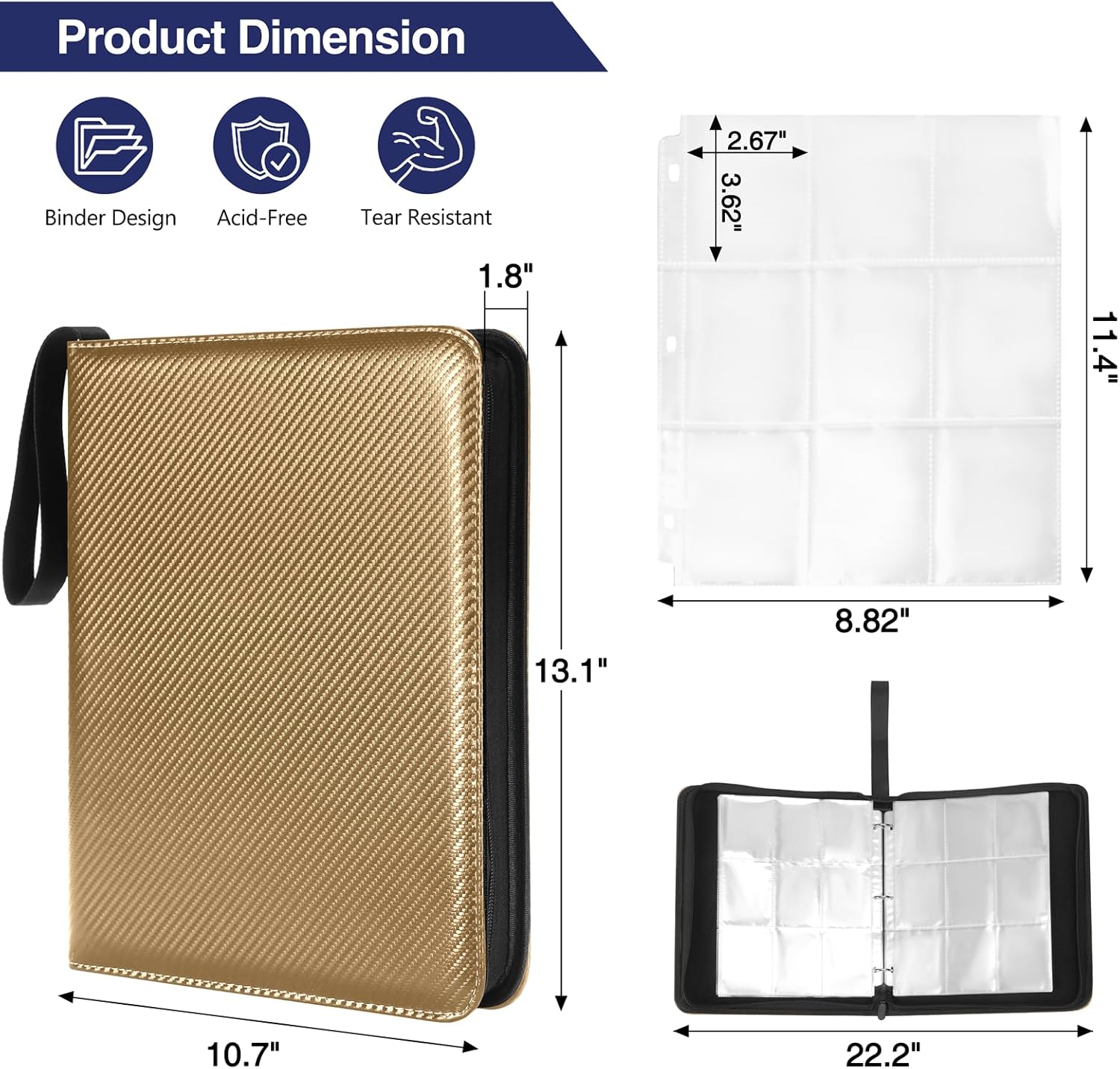 MAXECHO 9 Pocket Trading Card Binder, 1008 Pockets in 56 Removable Double-Sided Sleeves, PU Zip Card Collection Storage Organizer Album for Baseball, MTG, TCG, Sports. Gold