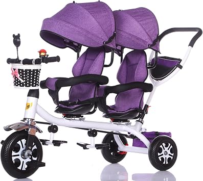 Double Lightweight Child 3 Wheel Bike, Children 4 in 1 Trike Twin Seat Trolley,Comfort Tricycle with Basket, Detachable Handlebar and Canopy for 12 Months to 6 Years 115x98cm45.3x38.6in, Purple
