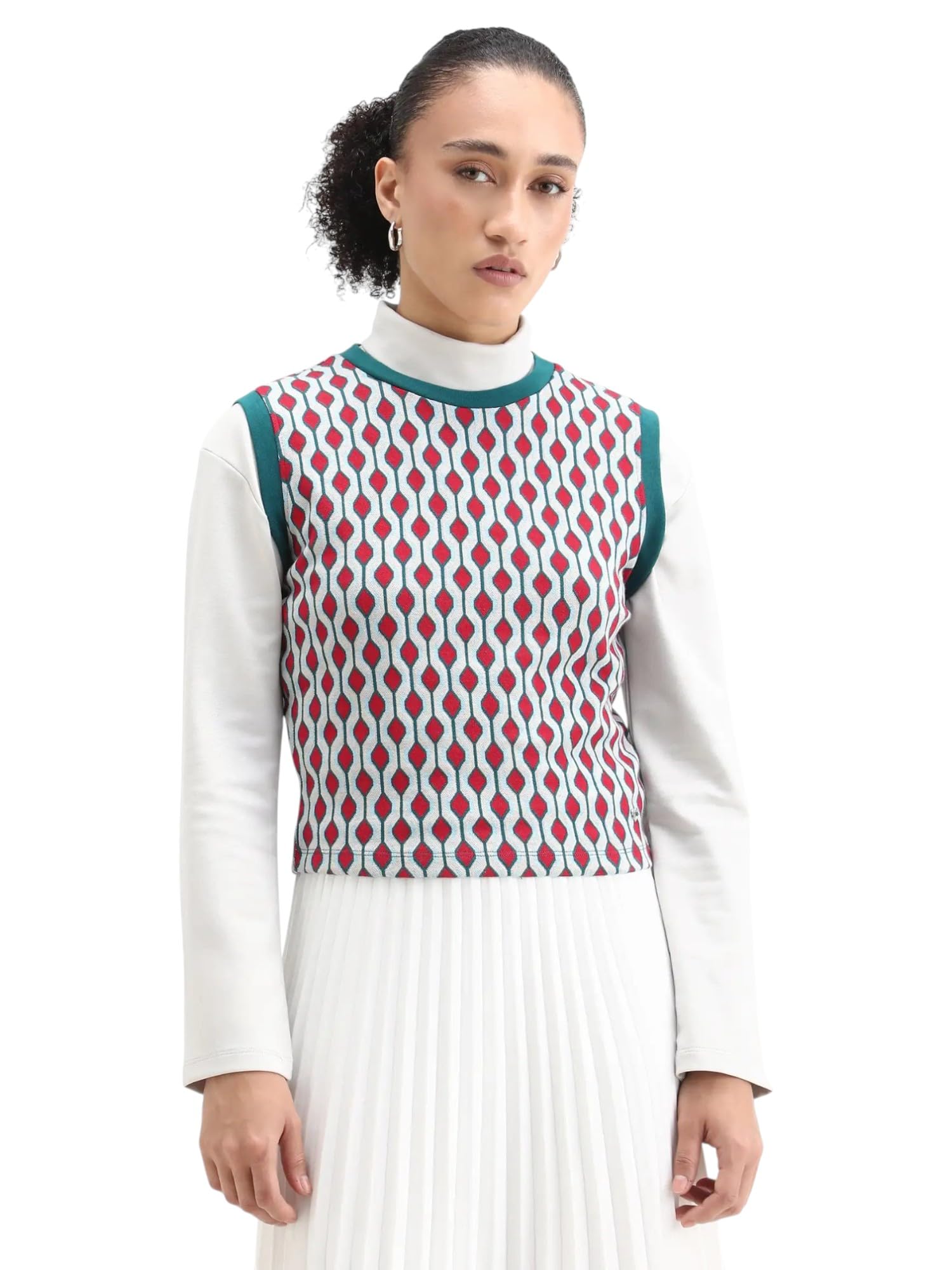 Women's Rako Multi Cotton Crew Neck Geometric Print Sleeveless Slim Fit Top