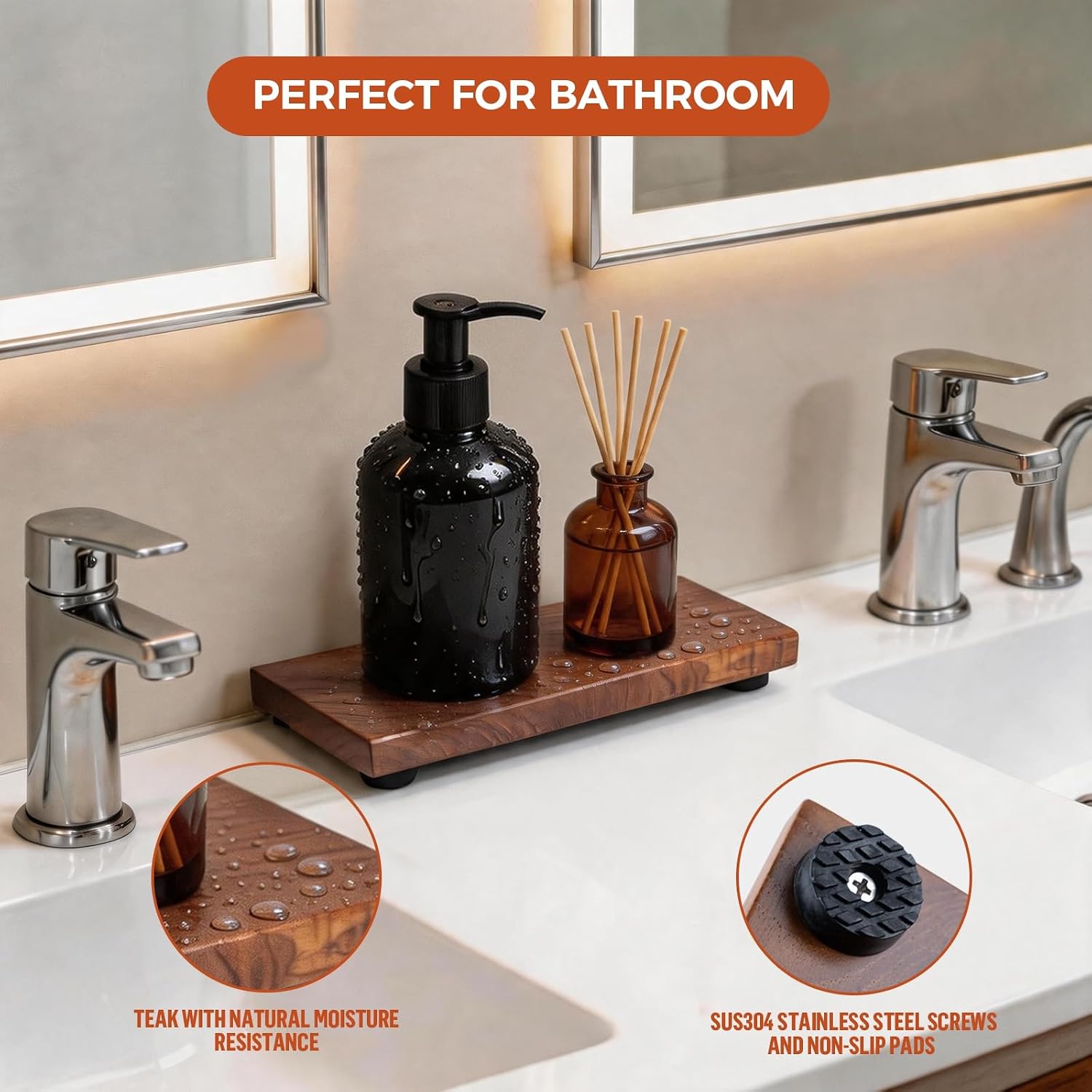 Teak Wood Decorative Small Tray, Bathroom Wood Riser for Decor, Kitchen Counter Wooden Pedestal Stand, Tray for Vanity, Sink & Soap (1, Teak Wood, 8.6" x 3.7" x 1") image 2