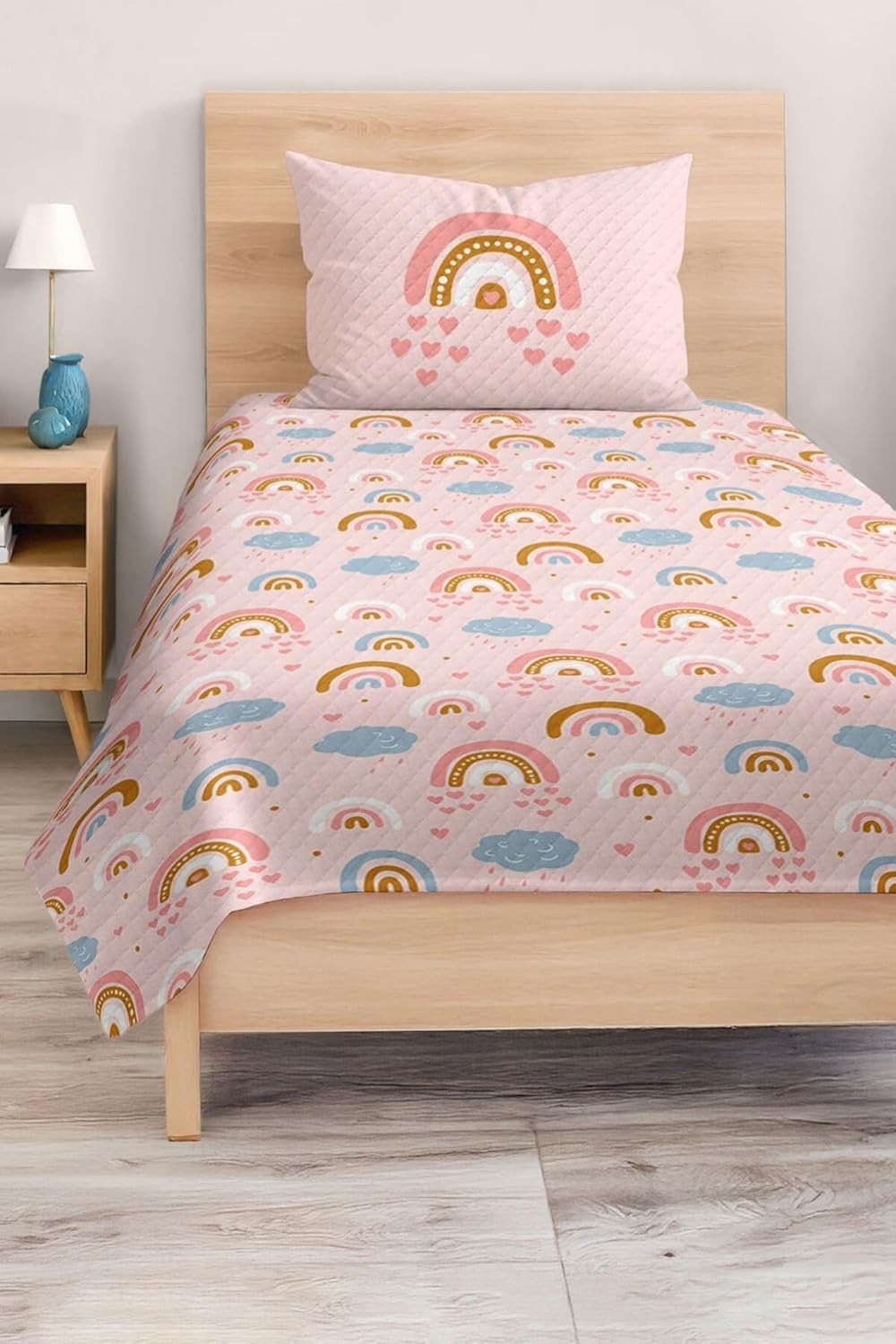 SODEF Bedding Set Twin Size Sky and Rainbow Pattern Pastel Pink Kids Quilt Set, Includes 1 Quilt Cover and 1 Pillowcase, Multicolor - Multicolor, One Size