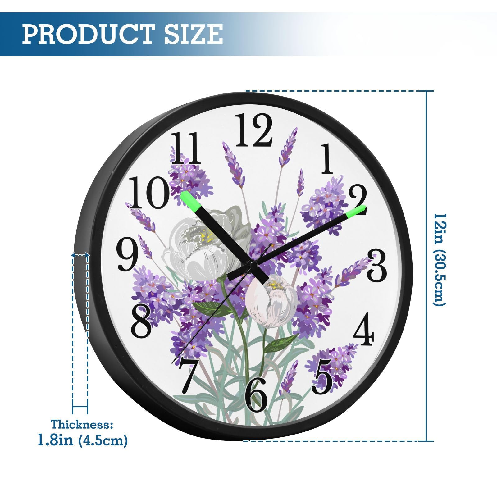 Mnsruu Reloj de pared luminoso, color morado, lavanda, blanco, camelia, reloj de pared que brilla en la oscuridad, funciona con pilas, 12 pulgadas, silencioso, sin tictac, luz nocturna para dormitorio