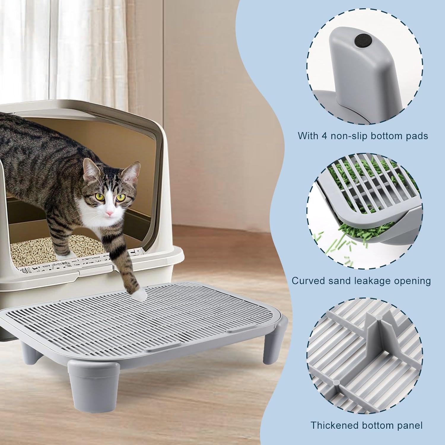 Adjustable Cat Litter Ramp for Elevated Cat Litter Box, Double Layered Litter Trapper with Filter Function, Easy Clean, Non-Slip Step and Stair-Gray