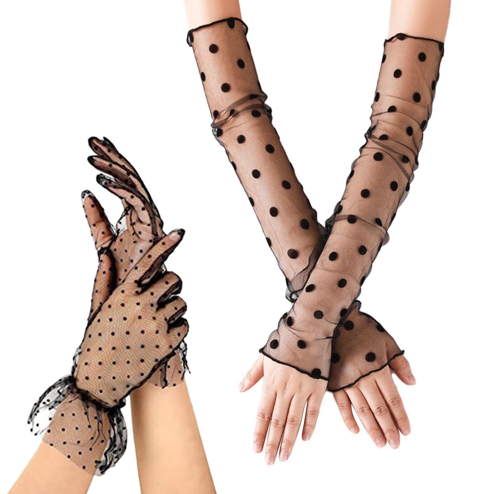 Rnskfg Unisex Black 1 Pair Of Mesh Women's Gloves And 1 Pair Of Mesh Women's Arm Covers, Lace Gloves, Ladies' Ele Mesh Dot Gloves, Mesh Retro Gloves, Suitable For Tea Parties, Dance Parties, Weddings.