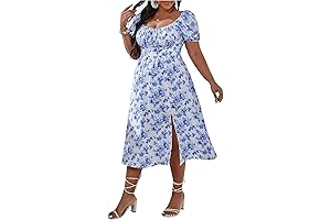 Women's Plus Size Blue and White Floral Print Tie Front Square Neck...