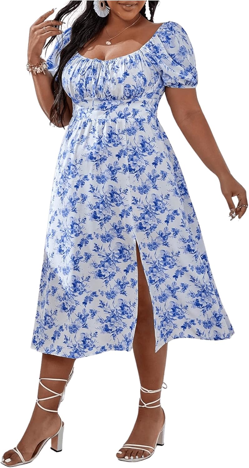 Floerns Women's Plus Size Floral Print Tie Front Square Neck Slit Hem Midi Dress