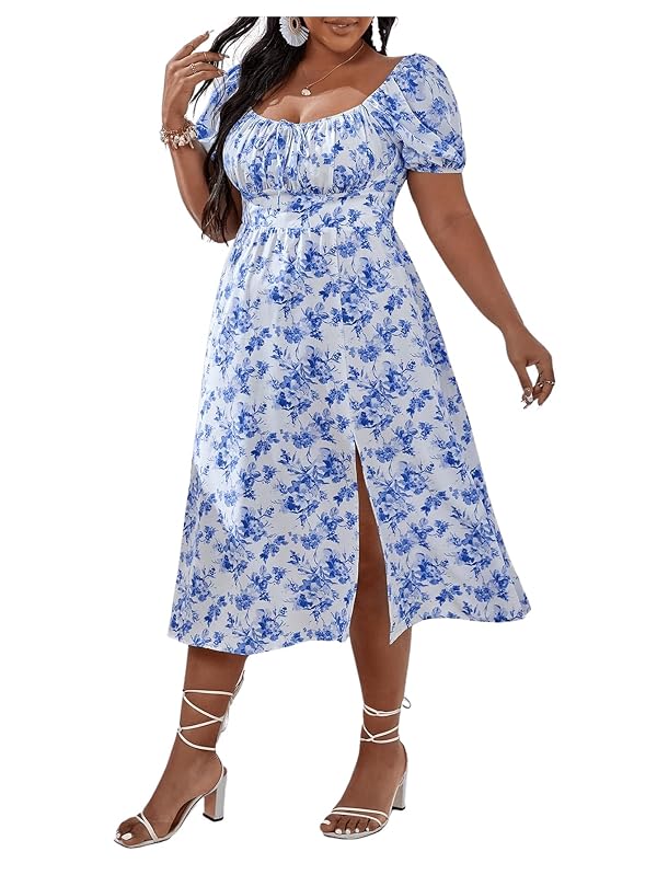 Floerns Women's Plus Size Floral Print Tie Front Square Neck Slit Hem Midi Dress Blue Ditsy Floral 4XL by Floerns - Used condition - US$15.24