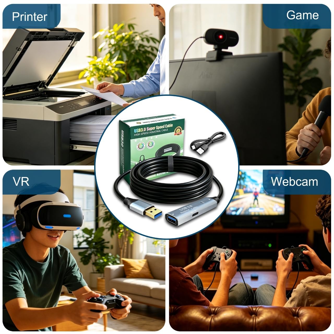 Tan QY Aktives USB-3.0-Verlängerungskabel, Typ A-Stecker auf A-Buchse, Verlängerungskabel mit 2 Verlängerungs-Chipsätzen, Signalverstärker und 1 USB-C-Ladeanschluss, für Webcam, USB-Hub, Kamera