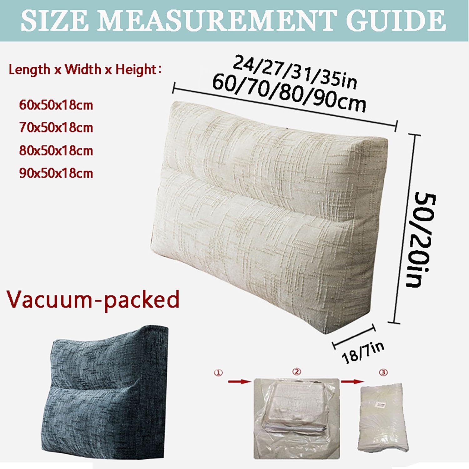 Cuscini Schienale Letto E Divano, Singolo/Matrimoniale Cuscini Testata Letto 60/70/90cm Comodo Cuscino da Lettura Cuscini di Supporto lombare/Schiena Fodera Rimovibile(A2,90x50x18cm)