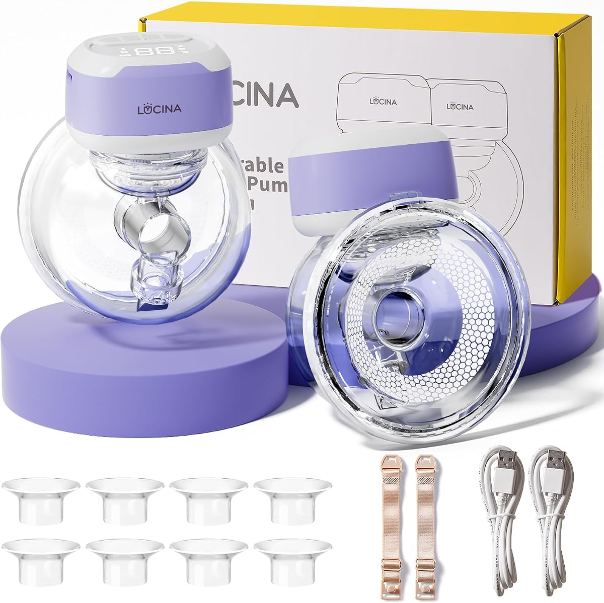 Lucina Extractor de leche portátil manos libres - Bridas de 16/18/20/22/24 mm para mamá | Batería de larga duración, extractor de leche inalámbrico eléctrico portátil, 3 modos, 9 niveles, pantalla LED, succión de 300 mmHg, para oficina y hogar