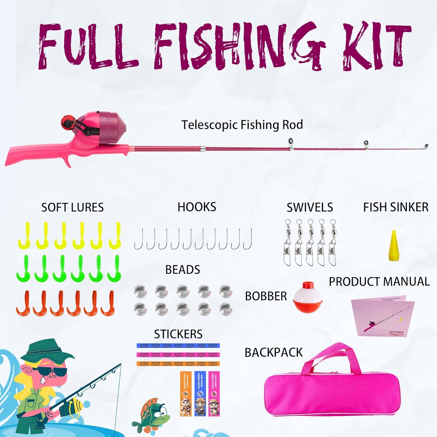 Kids Fishing Pole, Telescopic Fishing Rod, Toddler Collapsible Fishing Rod and Reel Combo with Tackle Box, Fishing Line, Bobber, and Soft Lures for Boy, Girl, Youth, Beginner, Over 4 Years Old