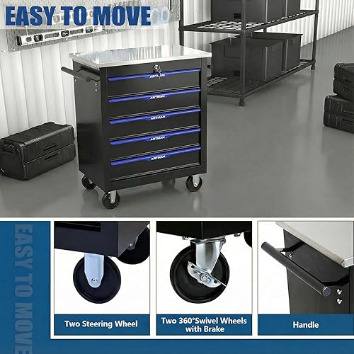 Miniatura 7 de 5-Drawer Rolling Tool Chest with Stainless Steel Countertop,Tool Chest with Secure Locking System,Mobile Storage Tool Cabinet with 360°Wheels and