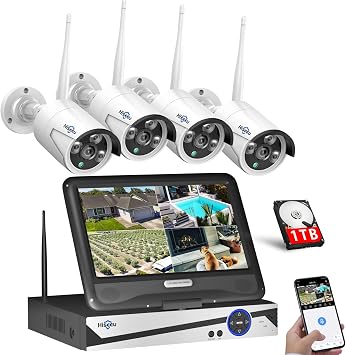 Hiseeu Wireless Security Camera Set, 10.1-Inch Outdoor Security Camera, Extends up to 10 Channels, 4 Cameras, Remote Monitoring, IP66 Waterproof Rating, Motion Detection, Indoor/Outdoor Security Camera 4 Cameras + 8-Channel Recorder + 1TB HDD