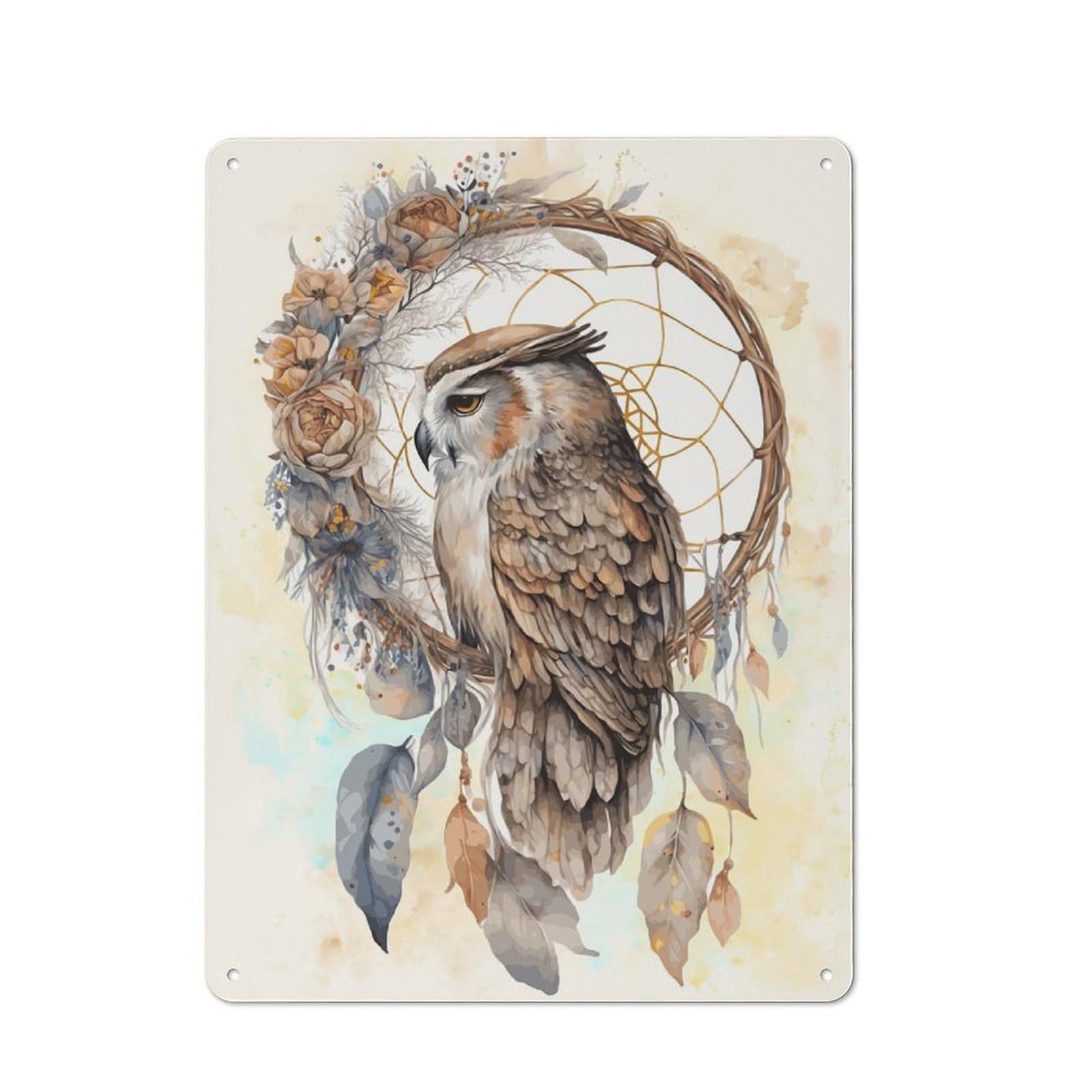 Junmoney Style-18 Dream Catcher Owl Painting Rustic Tin Sign 40X30cm For Café Or Restaurant, For Café Owners And Decorators, For Retro Home Interiors
