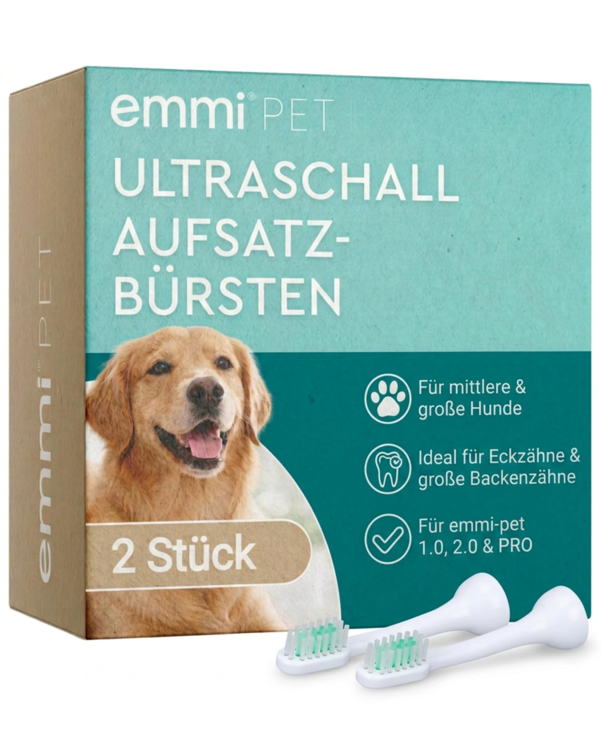 emmi-PET A2-M2 Ultraschall Aufsteckbürsten I 2er Ersatzaufsätze für emmi-PET Zahnbürste 1.0, 2.0 & PRO I Für mittlere & große Hunde I Eckzähne & große Zahnflächen I Sanfte Ultraschallzahnpflege