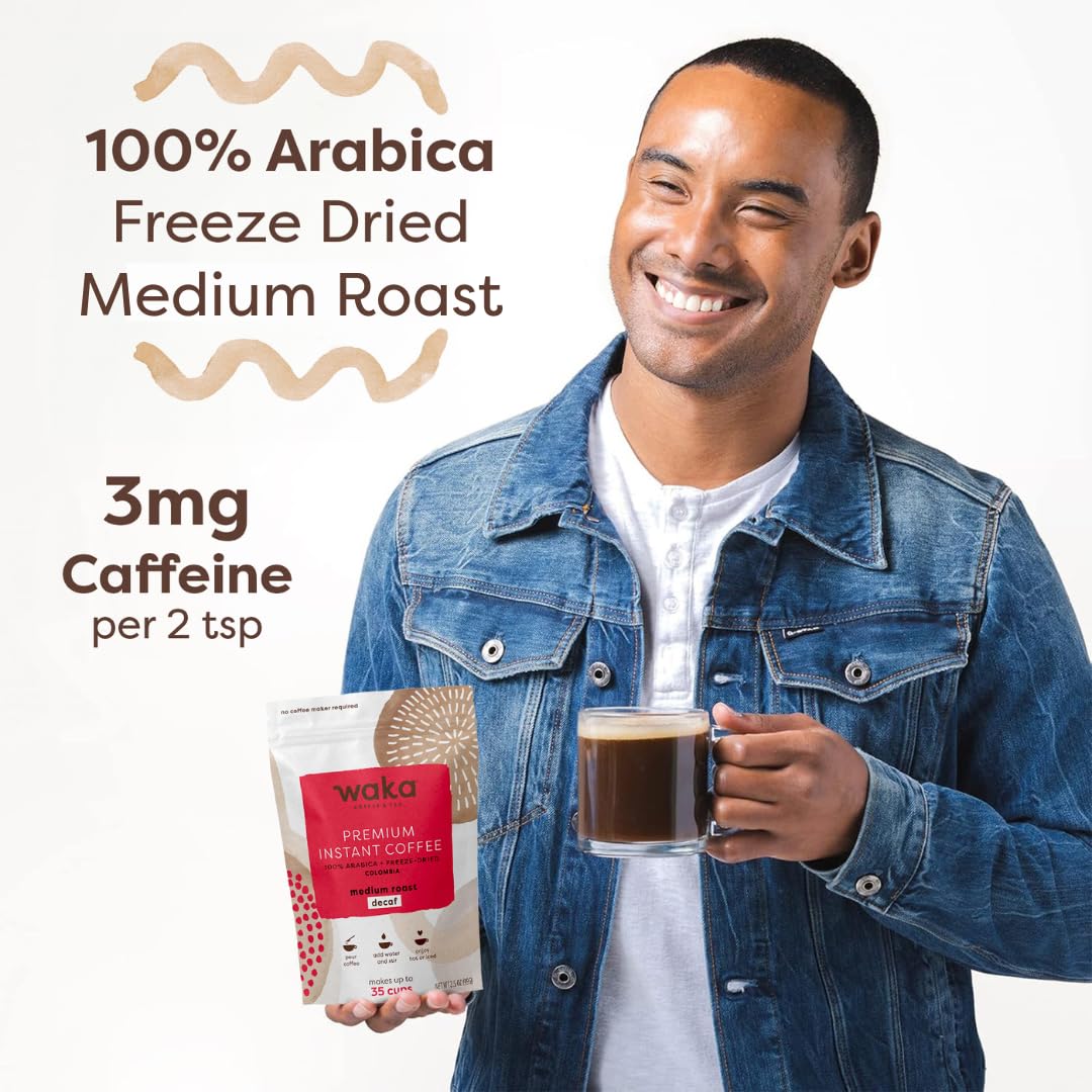 Waka Decaf Premium Instant Coffee — 100% Colombian Arabica Freeze Dried Beans — For Hot or Iced Coffee (Single-Serve, 50 ct)