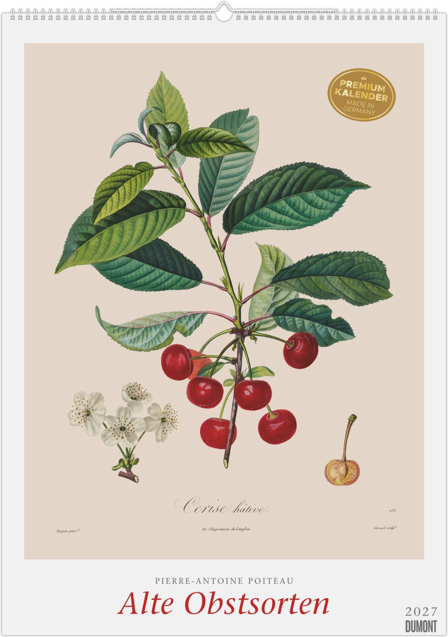 Alte Obstsorten 2027: Wandkalender 50x70 cm mit historischen Illustrationen von Pierre Antoine Poiteau und Spiralbindung