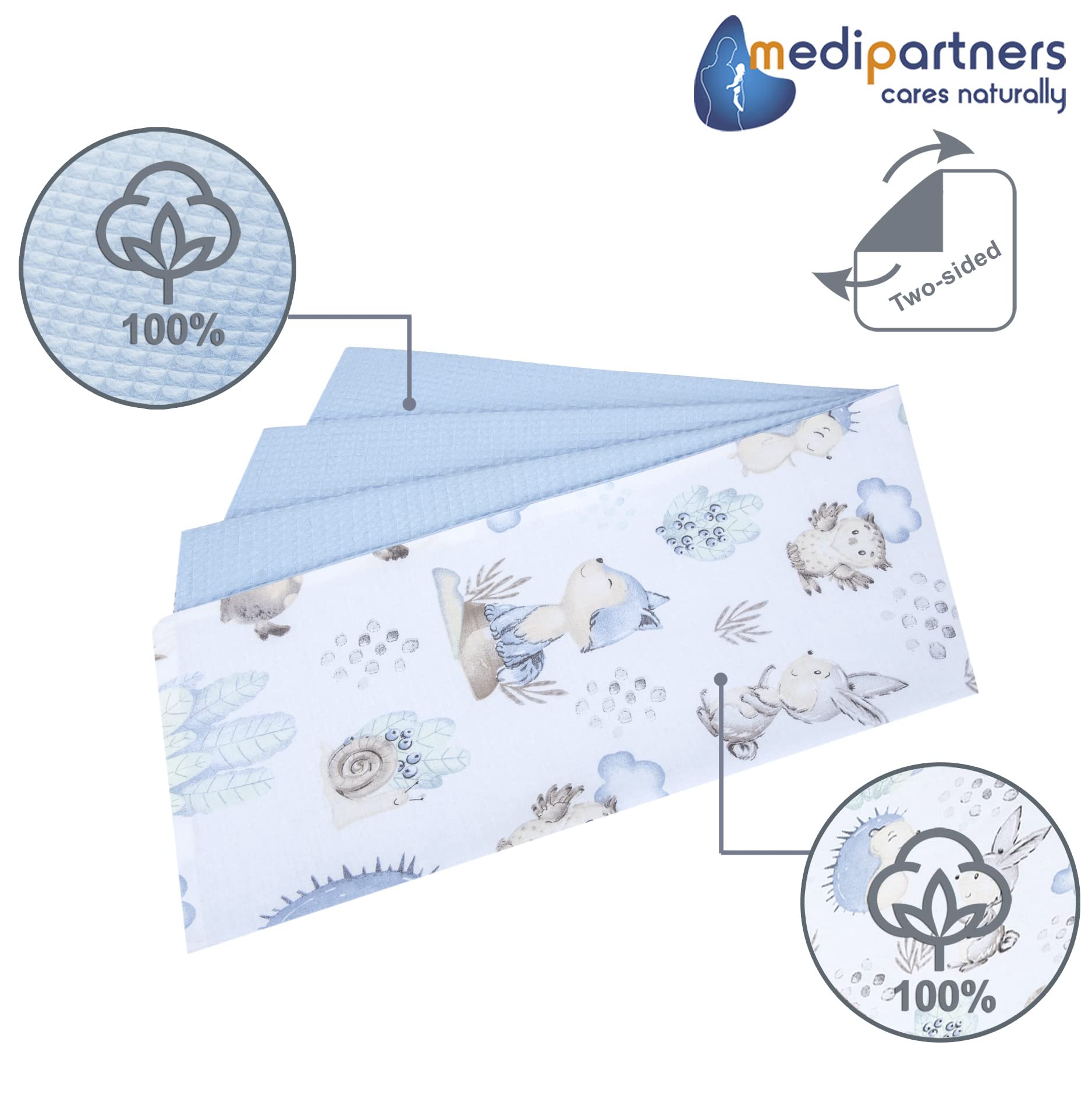 Medi Partners Baby Blanket Newborn Pram Soft 100% Cotton 75x100 Cot Toddler Comfort universal Cuddly Fluffy Crawling Plush bilateral Blankets (Deer and Hedgehogs with light blue Waffle) - Image 3