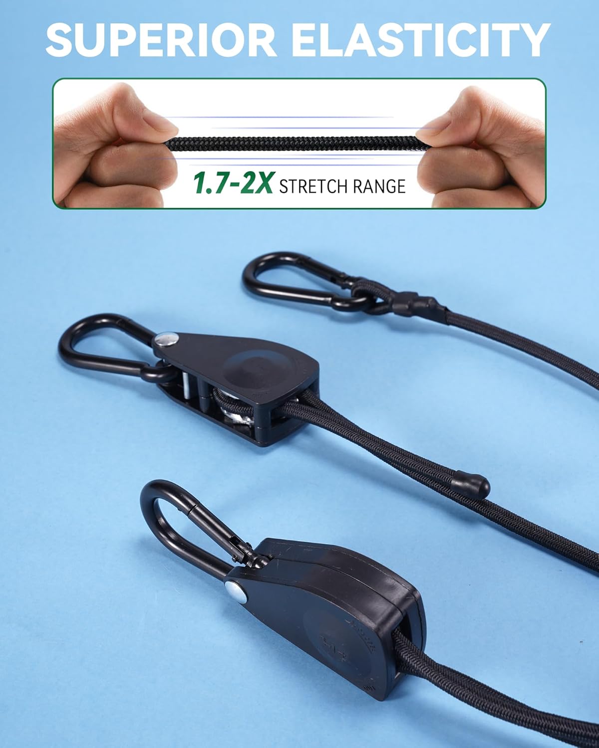 36" Heavy Duty Adjustable Carabiner Bungee Cord with Hooks, Easy to Adjust from 7" to 36", Black Ratchet Bungee Straps with Iron Carabiners & Superior Elasticity for Cargo, Luggage, Carts, etc (4 Pcs)