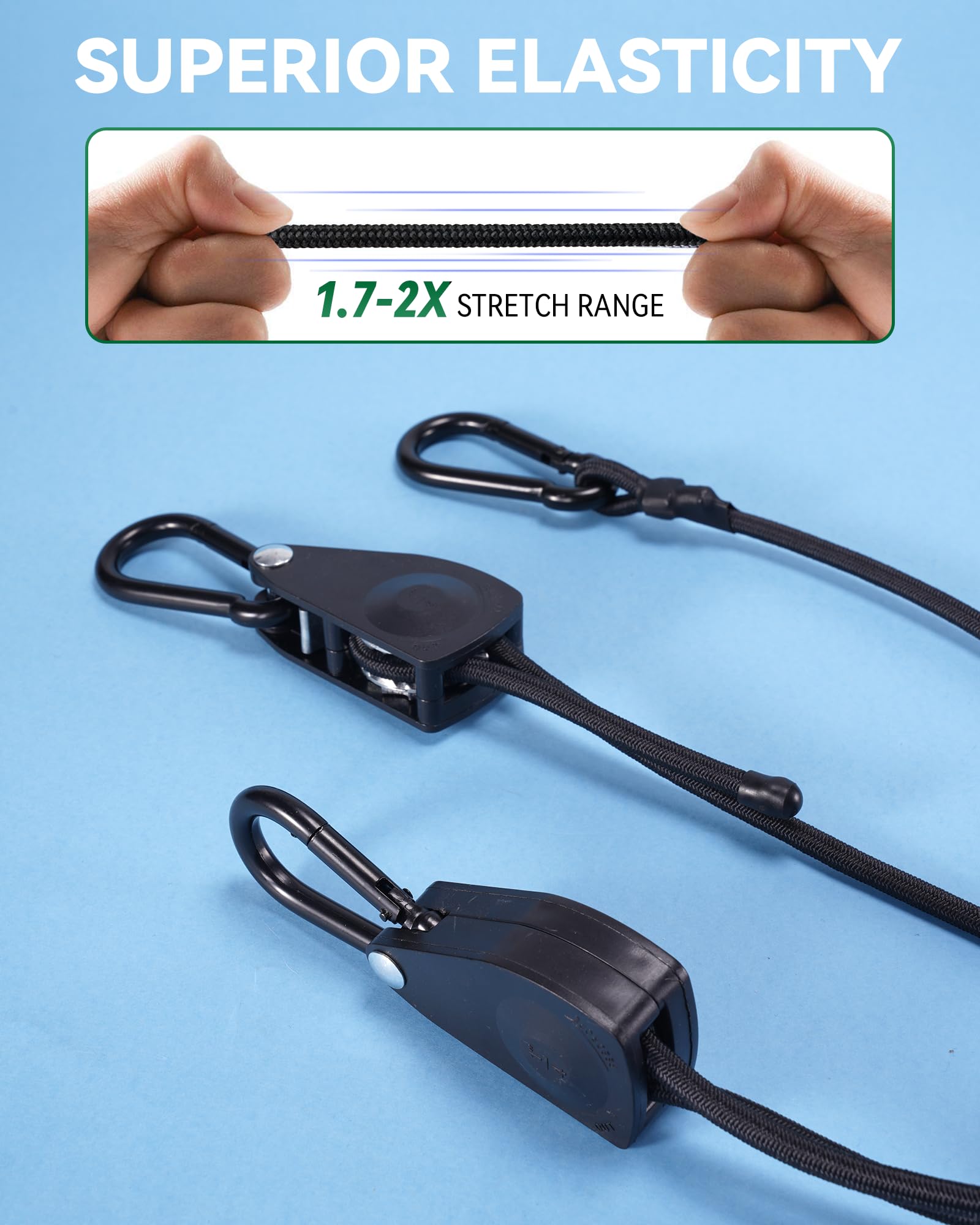 Cordón elástico de mosquetón ajustable resistente de 48 pulgadas con ganchos, fácil de ajustar de 7 a 48 pulgadas, correas elásticas de trinquete negras con mosquetones de hierro y elasticidad