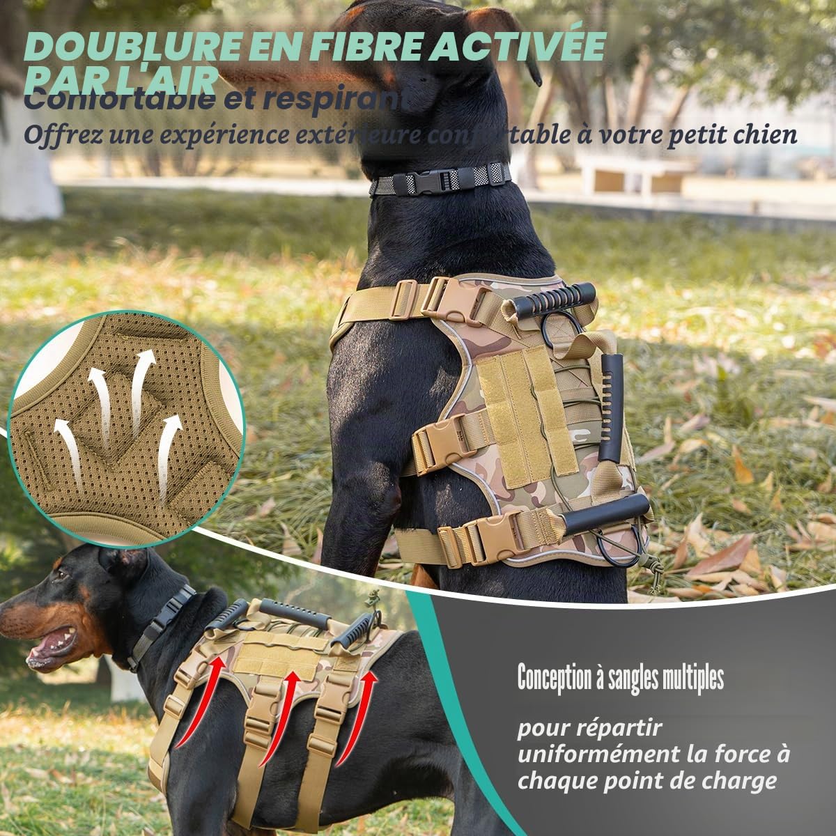 Harnais Chien, Harnais Anti Traction pour Chien RéGlable, Réfléchissant Harnais en Y avec 3 Poignée ContrôL, Facile à Mettre, Respirant Veste Tactique (Camouflage, M)