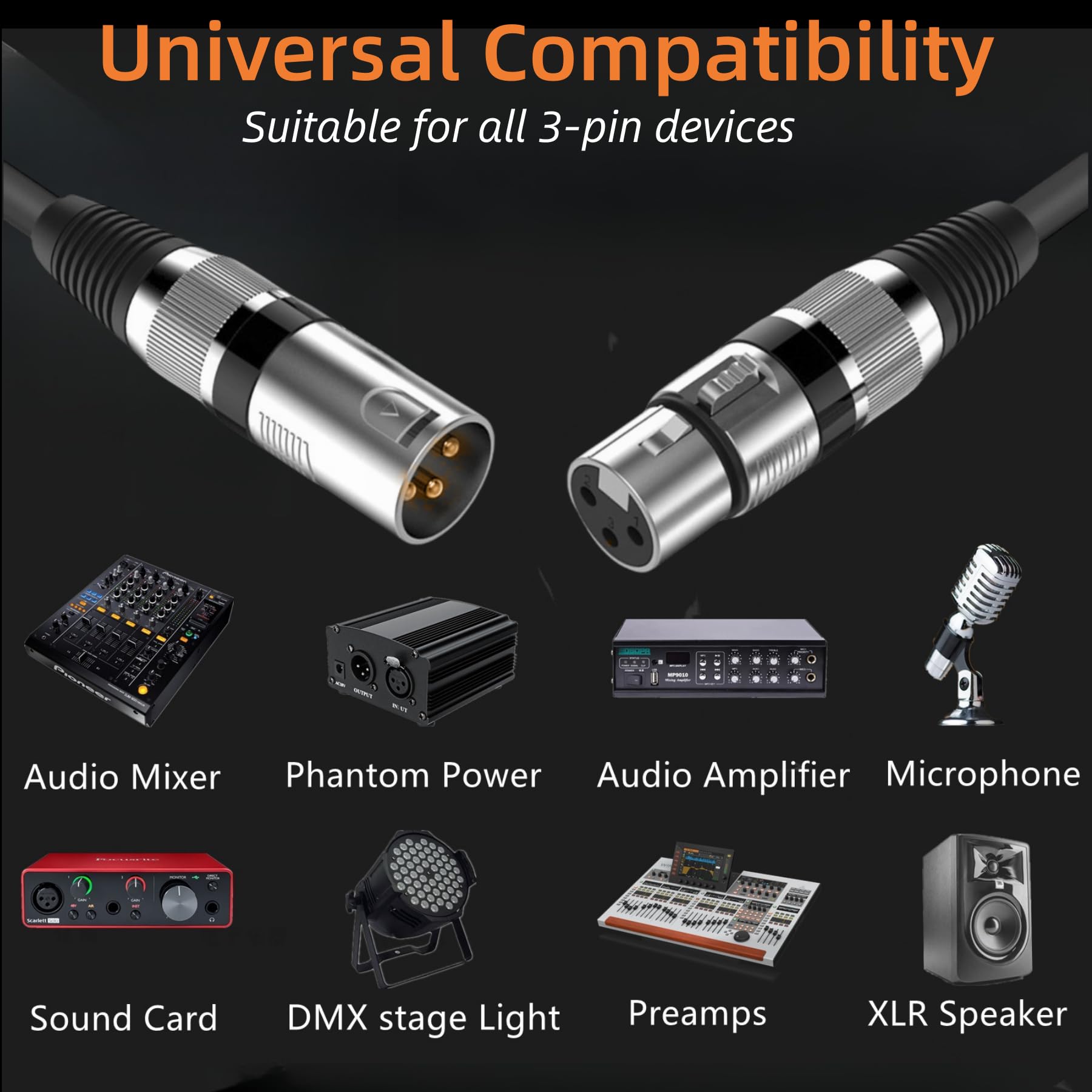 XLR-Kabel, 3 m, 6 Stück, vergoldet, 3-polige Mikrofonkabel, 3 m, XLR-Stecker auf Buchse, Farbstecker, XLR-Mikrofonkabel, symmetrisches Mikrofonkabel, ideal für Mikrofon, Mixer