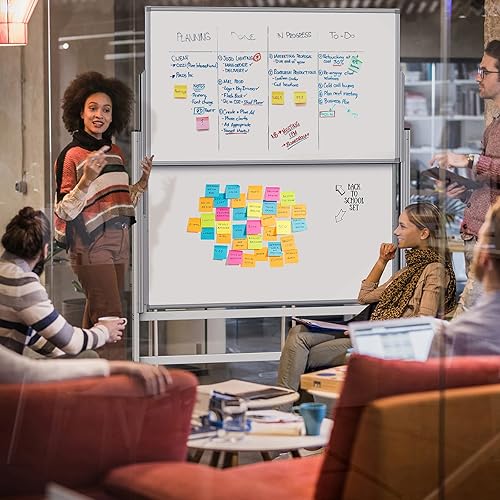 Miniatura 9 de maxtek Pizarra blanca de borrado en seco ajustable en altura, soporte de caballete rodante sobre ruedas, pizarra blanca móvil grande de 48 x 60