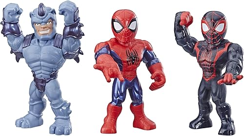Playskool Heroes Mega Mighties Marvel Super Hero Adventures Web Warriors Paquete de 3, Spider-Man, Kid Arácnido, Rinoceronte de Marvel, figuras de
