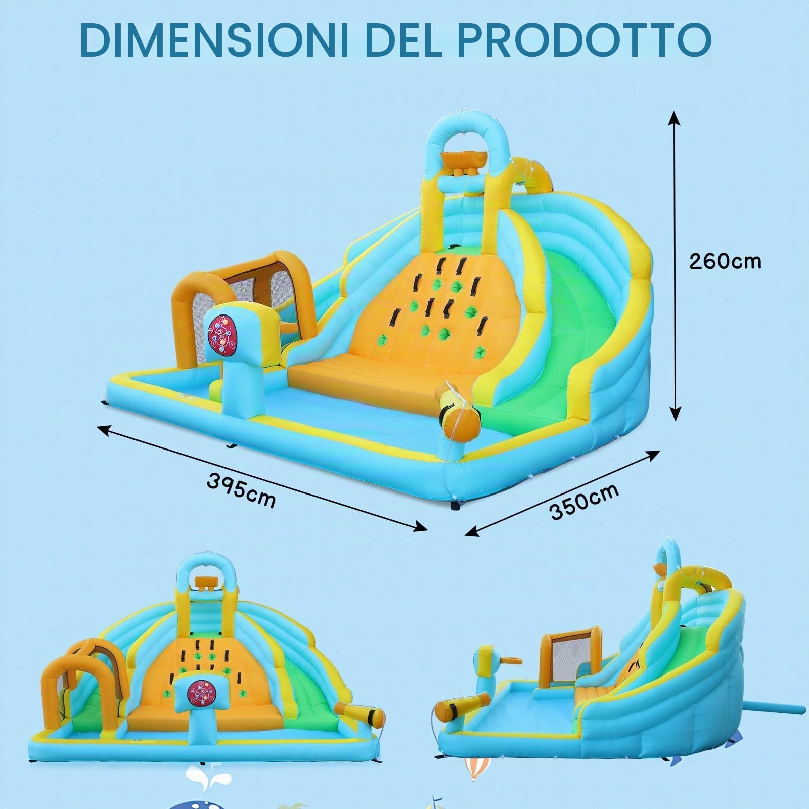 LALAHO Castello gonfiabile con tappeto elastico, scivolo, piscina, parete da arrampicata, 395 x 350 x 260 cm