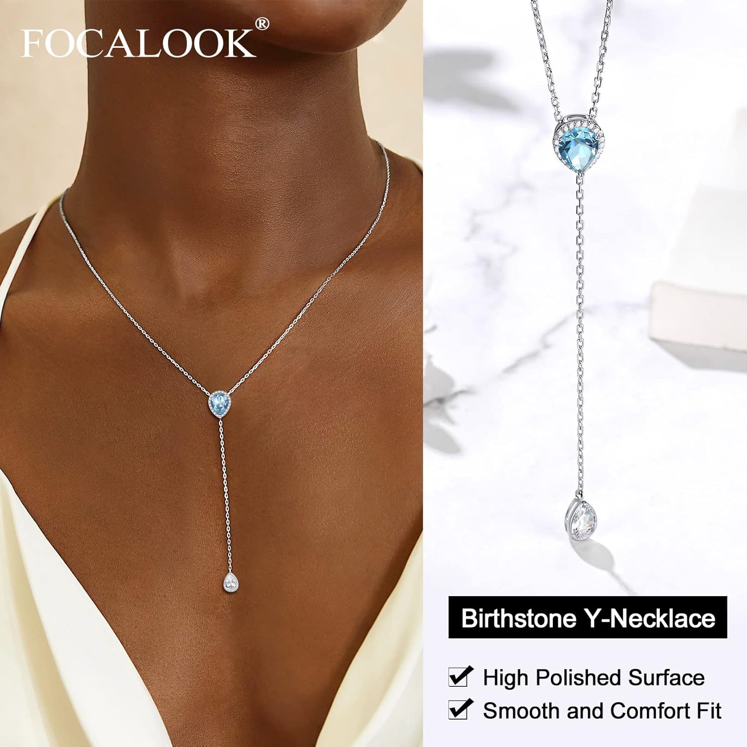 FOCALOOK 925 Sterling Silver Birthstone Long Pendant Necklace 16"-18" Y Drop Adjustable CZ Teardrop Lariat Necklaces for Women Mom Birthday Jewelry - Image 5