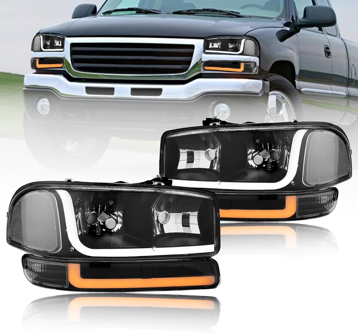 LED DRL Headlights Assembly Compatible with 1999-2007 GMC Sierra/2000-2006 Yukon XL 1500 2500 No Denali Models Replacements Clear Reflector Black Housing