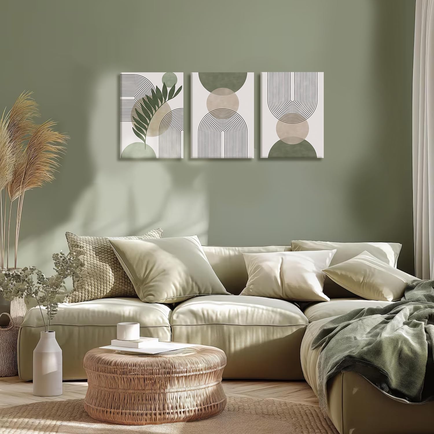 NCCXNCC 3Pcs Modern Geometric Canvas Wall Art Bohemian Style Green Abstract Wall Decor Art Minimalist Line Leaf Posters Print Suitable for Living Room Bedroom and Office Decoration 12x16 Inch Framed